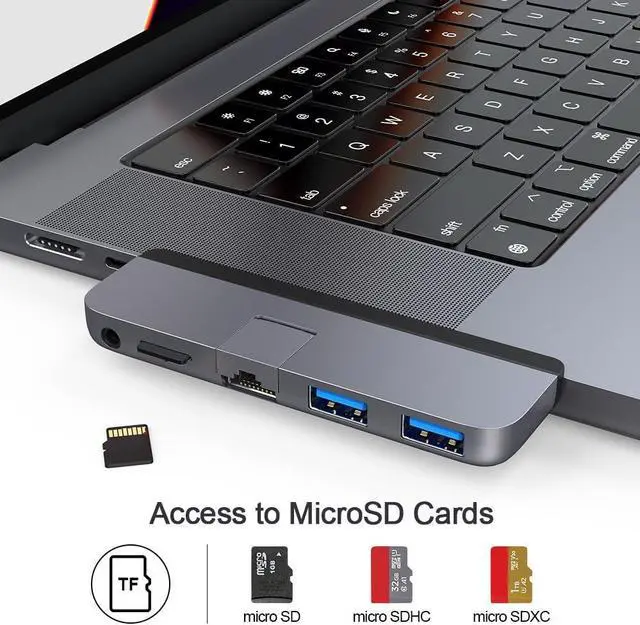 Alt view image 4 of 7 - Qwiizlab USB C Hub 5-in-1 Adapter, Gigabit Ethernet, USB 3.0 Port, microSD Reader, 3.5mm Audio Jack for 2023/2021 MacBook Pro 14'' and 16'' M3/M2/M1 Pro/Max (Gray)