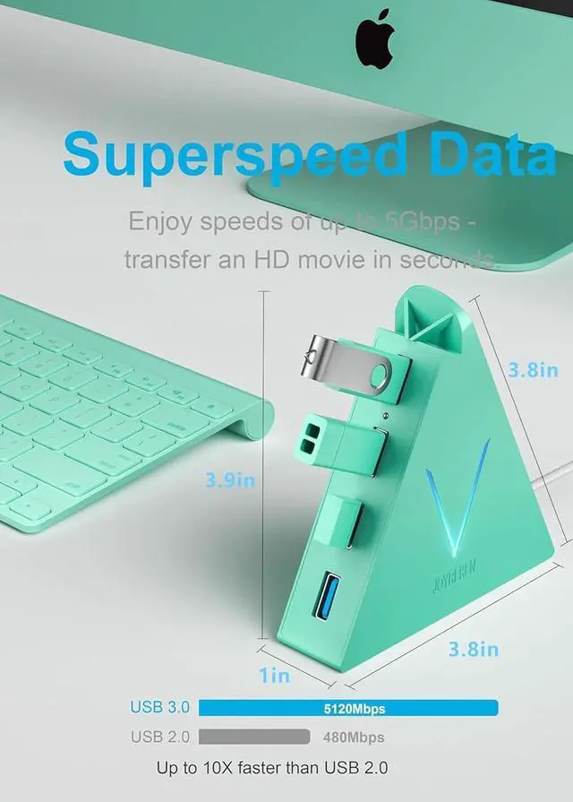 Alt view image 4 of 7 - 4-Port USB 3.0 Hub with 2 ft Extended Cable, FlyingVHUB Vertical Data USB Hub, for Mac, PC, Xbox One, PS4, PS5, iMac, Surface Pro, XPS, Laptop, Desktop, Flash Drive, Mobile HDD (Green)
