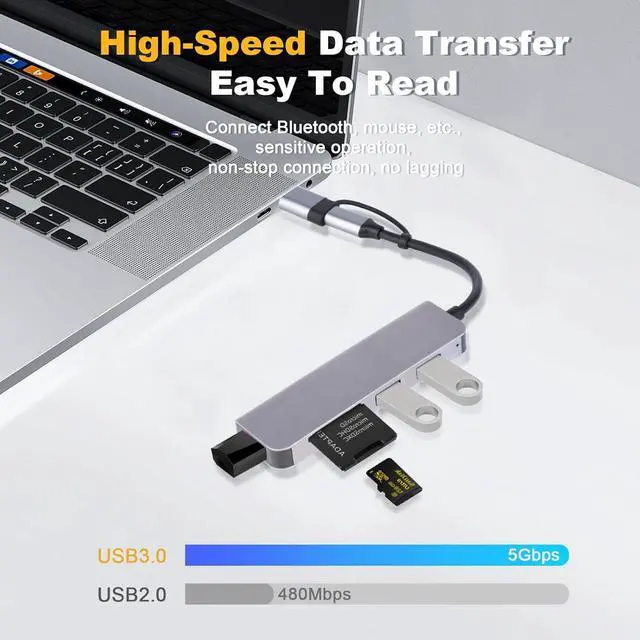 Alt view image 3 of 7 - USB C Hub USB Hub 5 in 1, USB Adapter Multiport USB Splitter with USB 3.0 & 2 USB 2.0, SD & TF Card Reader for Laptop, Desktop PC, Smartphones and More