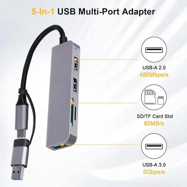 Alt view image 2 of 7 - USB C Hub USB Hub 5 in 1, USB Adapter Multiport USB Splitter with USB 3.0 & 2 USB 2.0, SD & TF Card Reader for Laptop, Desktop PC, Smartphones and More