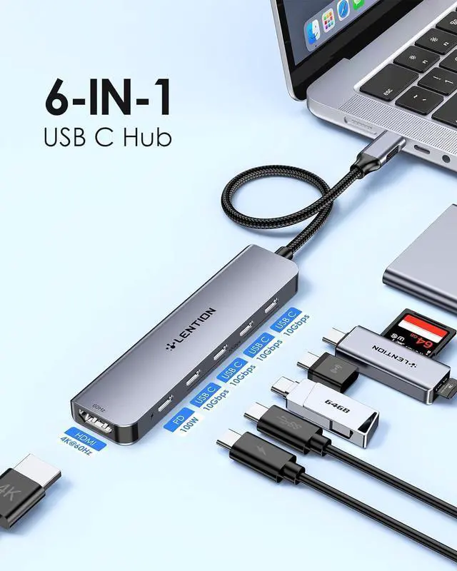 Alt view image 2 of 7 - LENTION 6-in-1 USB C Hub Dock with 4K @60HZ HDMI Display, 4 USB-C Ports (USB 3.2 Gen 2, 10 Gbps), PD 100W Charging and for iPhone15 Series, New MacBook Pro, Mac Air, More (CE33, Space Gray)
