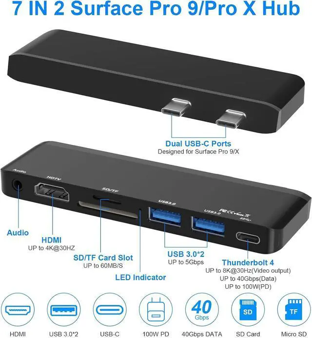 Alt view image 2 of 7 - Surface Pro 9 Accessories, Surface Pro 9 Docking Station with 4K HDMI, USB-C Thunderbolt 4 (8K@30Hz Display+40G Data+100W Power), 2 USB 3.0, 3.5mm Audio, SD/TF Card Slot for Surface Pro 9/Pro X
