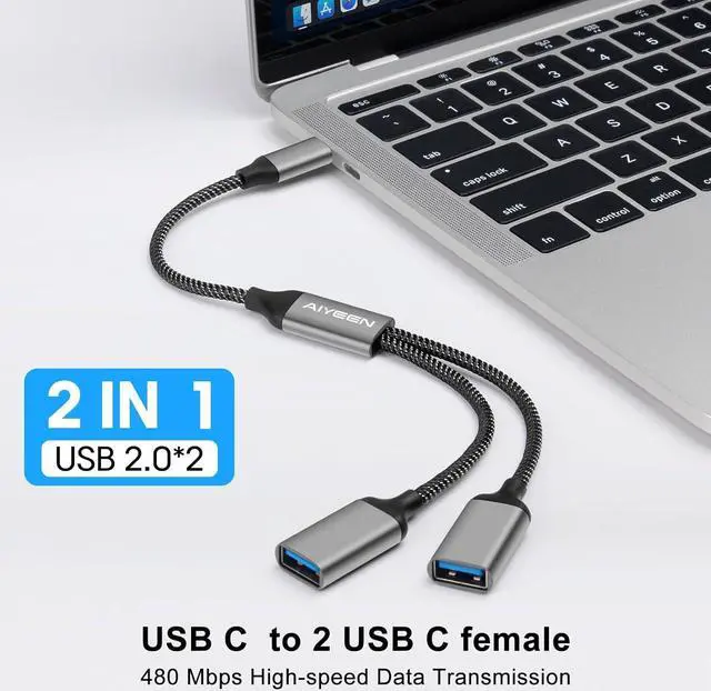 Alt view image 2 of 6 - USB C Male to 2 USB Female Splitter Cable Adapter, Dual USB-A Port Hub for Data Transfer/Charging, Extra Extender Data Split Power Cord Extension for Car/Laptop/Mac/PC (Grey)