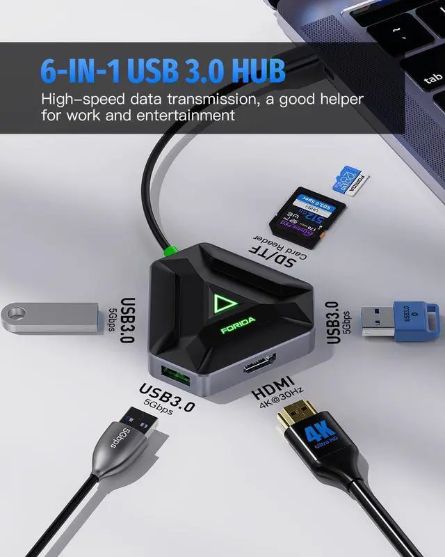 Alt view image 2 of 7 - USB C Hub, 6 Ports USB C Laptop Docking Station with 3 USB 3.0 Port, SD/TF Card Reader, 4K HDMI, USB C Multiport Adapter Suit for Dell HP MacBook Pro MacBook Air, Samsung and More (Green Light)