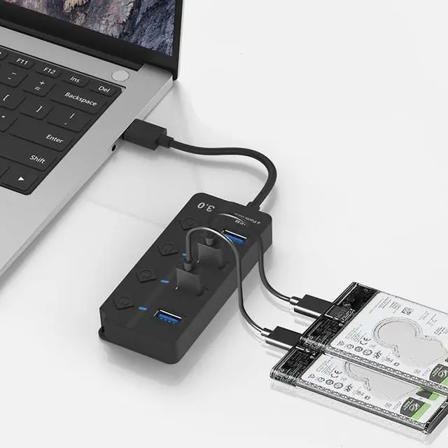 Alt view image 6 of 6 - USB Hub 3.0, USB Splitter1 in 4 Out, USB Extender USB Adapter Multiple Port USB Station Dock Hub with Individual Switches, USB Expander Hub for Laptop/MacBook/Flash Drives/Mobile HDD/Printer