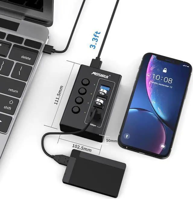 Alt view image 5 of 6 - USB Hub 3.2, 4 Ports USB Hub Multiport Adapter with 4×10Gbps Data Ports, Independent Switch, Aluminum Multi USB Port Extender Hub for Laptop, PC, Desktop, Printer, Camera, Keyboard and More