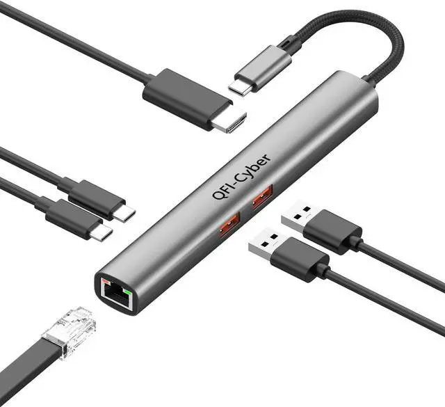 Main image of QFI-Cyber 6-in-1 USB C Hub, Ethernet Multiport Adapter, USB C to HDMI Dock with 4K@60HZ HDMI, 2*USB 3.1 Gen 2, 10Gbps Data, RJ45, 100W PD for MacBook Pro/Air, Chromebook, Dell XPS, HP and More