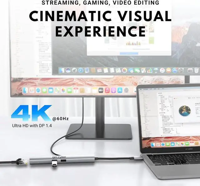 Alt view image 3 of 7 - QFI-Cyber 6-in-1 USB C Hub, Ethernet Multiport Adapter, USB C to HDMI Dock with 4K@60HZ HDMI, 2*USB 3.1 Gen 2, 10Gbps Data, RJ45, 100W PD for MacBook Pro/Air, Chromebook, Dell XPS, HP and More