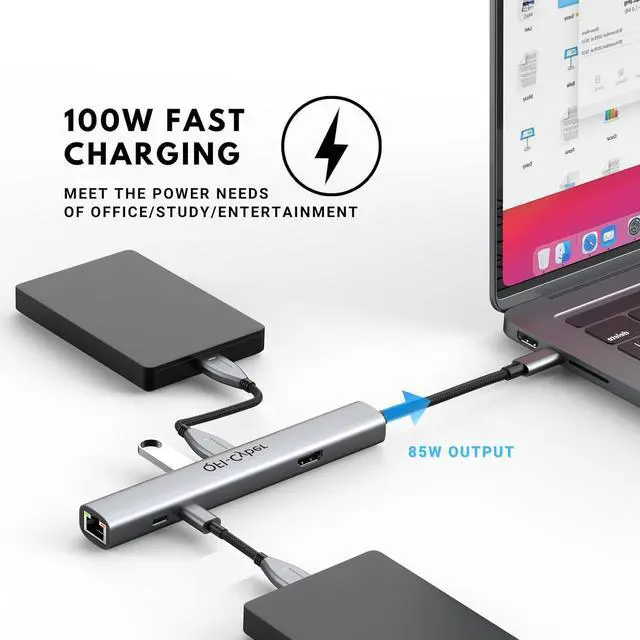 Alt view image 4 of 7 - QFI-Cyber 6-in-1 USB C Hub, Ethernet Multiport Adapter, USB C to HDMI Dock with 4K@60HZ HDMI, 2*USB 3.1 Gen 2, 10Gbps Data, RJ45, 100W PD for MacBook Pro/Air, Chromebook, Dell XPS, HP and More