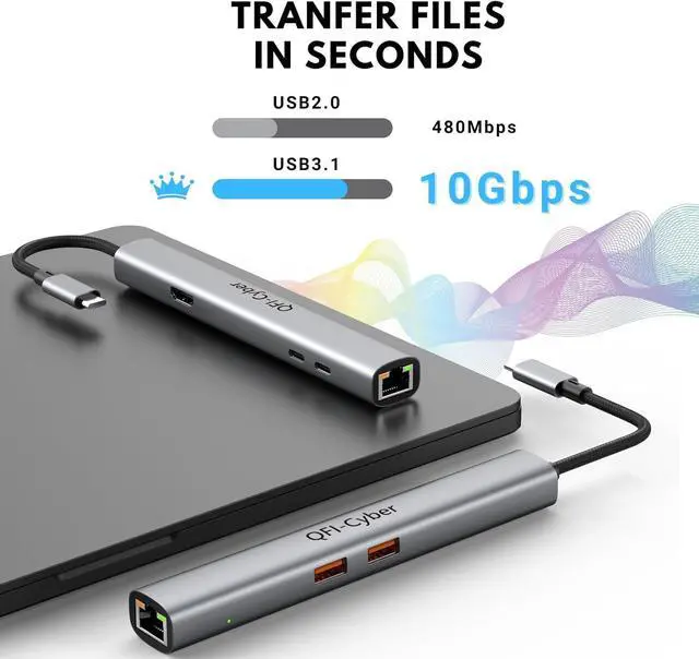 Alt view image 5 of 7 - QFI-Cyber 6-in-1 USB C Hub, Ethernet Multiport Adapter, USB C to HDMI Dock with 4K@60HZ HDMI, 2*USB 3.1 Gen 2, 10Gbps Data, RJ45, 100W PD for MacBook Pro/Air, Chromebook, Dell XPS, HP and More