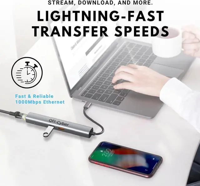 Alt view image 6 of 7 - QFI-Cyber 6-in-1 USB C Hub, Ethernet Multiport Adapter, USB C to HDMI Dock with 4K@60HZ HDMI, 2*USB 3.1 Gen 2, 10Gbps Data, RJ45, 100W PD for MacBook Pro/Air, Chromebook, Dell XPS, HP and More