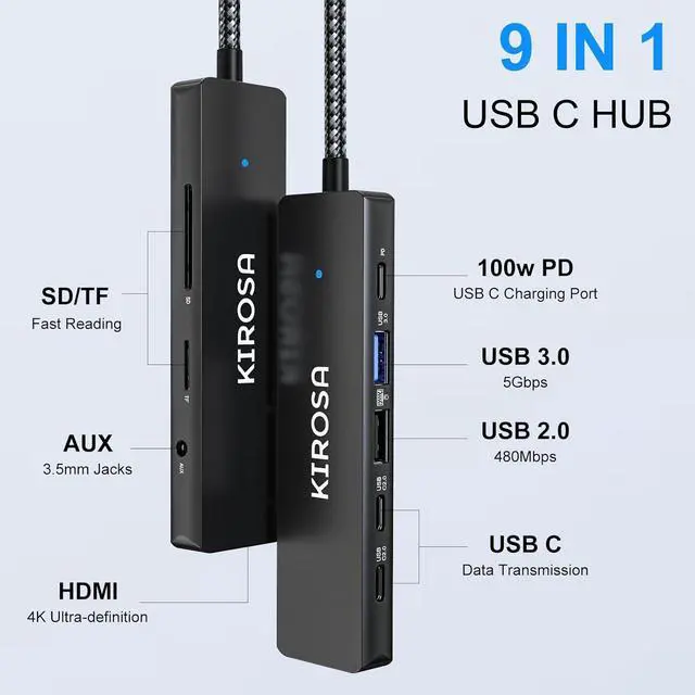 Alt view image 2 of 7 - KIROSA USB C Hub: 9IN1 Multiport Adapter for Macbook Pro Air - USBC to HDMI Hub Dongle - Pocket USB-C Docking Station for Laptops and Type C Devices (4K HDMI 100W PD USB3.0 SD/TF Card Reader)