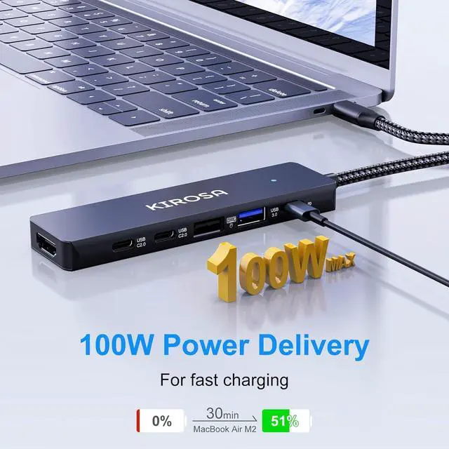 Alt view image 4 of 7 - KIROSA USB C Hub: 9IN1 Multiport Adapter for Macbook Pro Air - USBC to HDMI Hub Dongle - Pocket USB-C Docking Station for Laptops and Type C Devices (4K HDMI 100W PD USB3.0 SD/TF Card Reader)