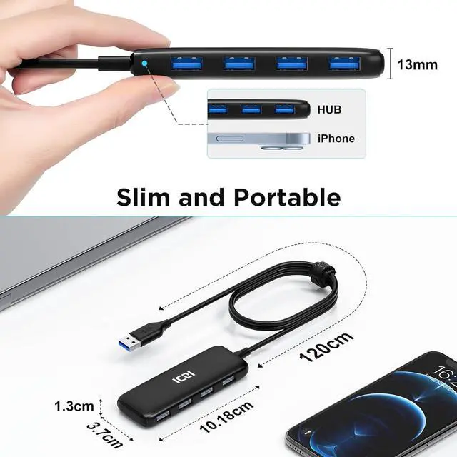Alt view image 7 of 7 - USB 3.0 Hub, ICZI 5-Port USB Hub 3.0 Ultra-Slim Data USB Hub with 4ft Extended Cable, for MacBook, Mac Pro/Mini, iMac, Surface Pro, XPS, PC, Flash Drive, Mobile HDD and More