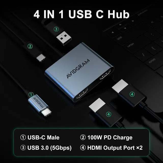 Alt view image 2 of 7 - USB C to Dual HDMI Adapter 4K 30Hz, AVIDGRAM USB C Hub Multiport Adapter with Dual HDMI, USB 3.0, 100W PD, Support USB C to HDMI Splitter Extended Display for Laptop (MST is not Supported on macOS)
