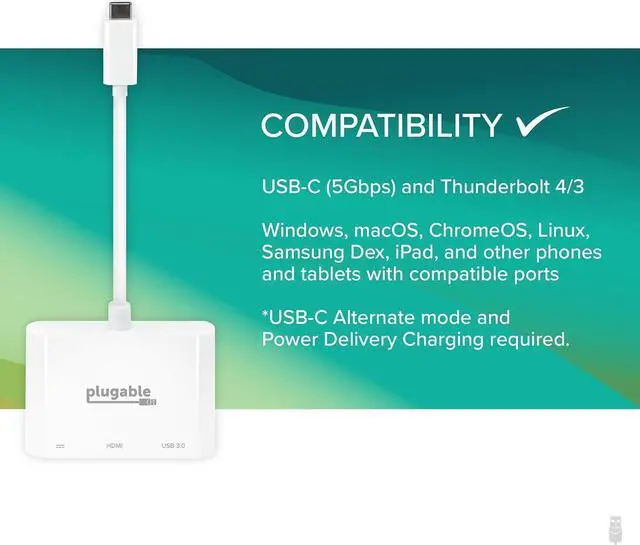 Alt view image 7 of 7 - Plugable USB C to HDMI Multiport Adapter, Driverless 3-in-1 Hub with 4K HDMI Output, USB 3.0 and USB-C Charging Port, Compatible with MacBook, Chromebook, Dell XPS, Thunderbolt 3 and More