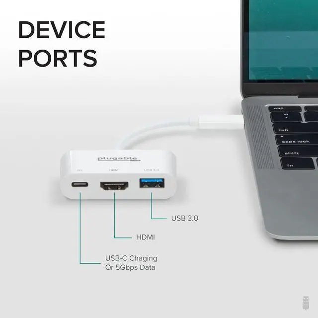 Alt view image 2 of 7 - Plugable USB C to HDMI Multiport Adapter, Driverless 3-in-1 Hub with 4K HDMI Output, USB 3.0 and USB-C Charging Port, Compatible with MacBook, Chromebook, Dell XPS, Thunderbolt 3 and More