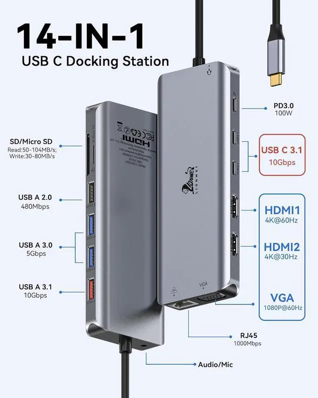 Alt view image 2 of 7 - USB C Docking Station Dual Monitor for Laptop, LIONWEI 14-in-1 USB-C Hub with Triple Display, 2 HDMI + VGA, Ethernet, 6 USB A/C 3.0/2.0, PD, SD/TF, Audio, USBC Dock for Surface/HP/Dell/Lenovo/MacBook