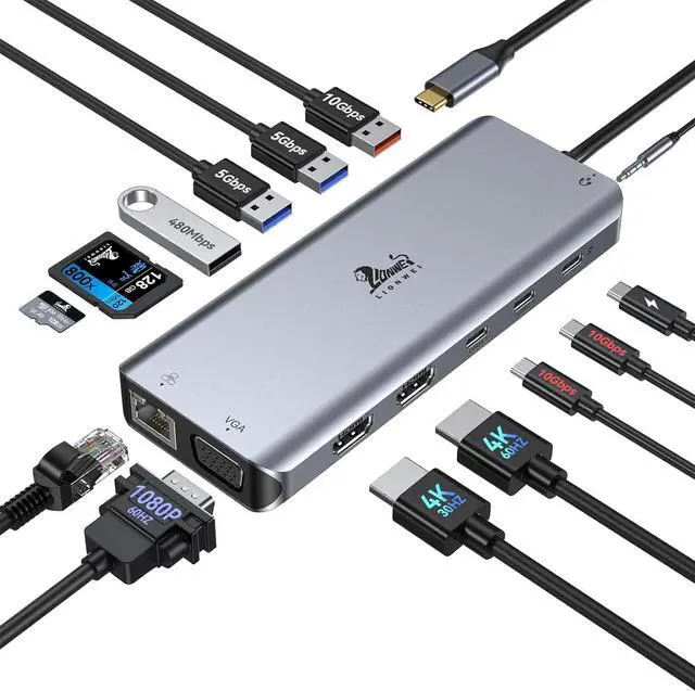 Main image of USB C Docking Station Dual Monitor for Laptop, LIONWEI 14-in-1 USB-C Hub with Triple Display, 2 HDMI + VGA, Ethernet, 6 USB A/C 3.0/2.0, PD, SD/TF, Audio, USBC Dock for Surface/HP/Dell/Lenovo/MacBook