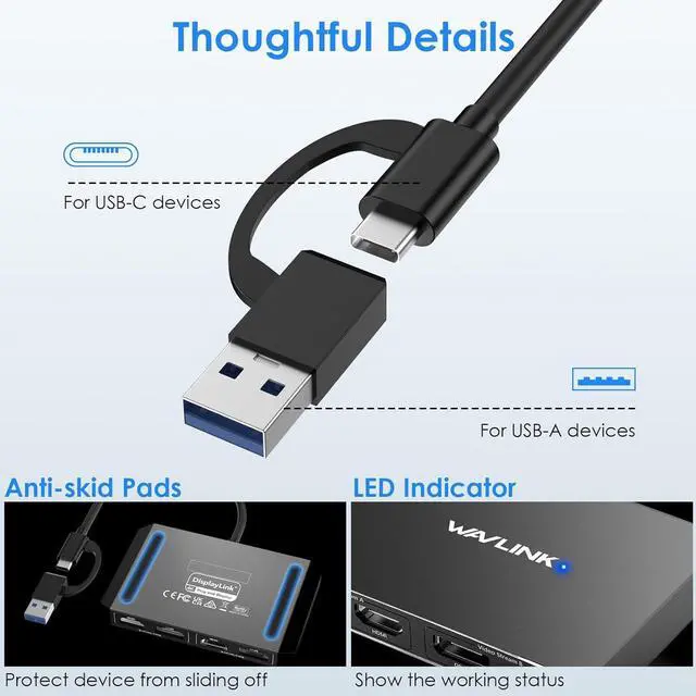 Alt view image 7 of 7 - USB 3.0/USB C to DisplayPort and HDMI Adapter Displaylink Dual 4K@60Hz Monitor Hub for M1/M2 MacBook  HP Surface  Compatible with Windows and Mac-Black