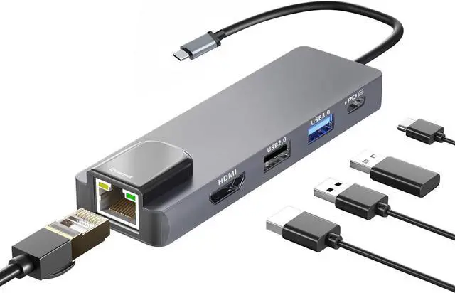 Main image of USB C Hub HDMI Type C Adapter, DAPOKJD 5 IN1 Type C Converter (HDMI 4K Ethernet USB3.0+2.0 PD100W Input) USB-C Docking Station,Type C Multiport Dongle Compatible for Ipad/MacBook/Switch/Dell//Lenovo