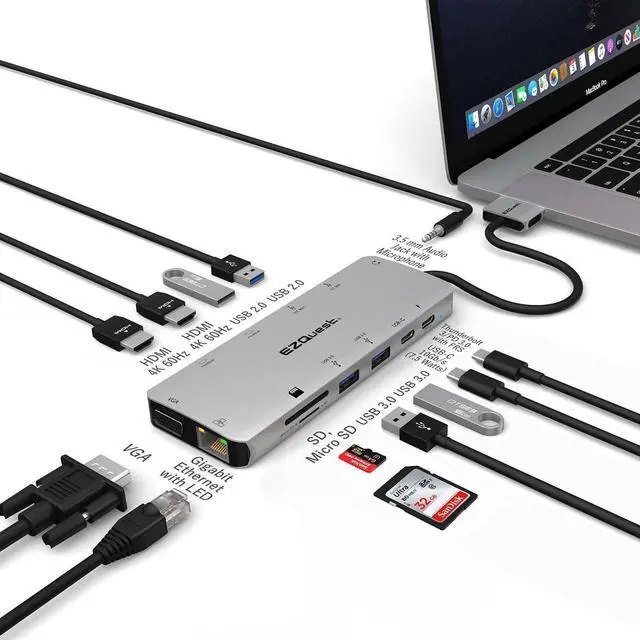 Alt view image 3 of 5 - EZQuest USB C Hub 13 in 2 with 2 HDMI 4K, VGA, 1GBS Ethernet, 2USB A 3.0 Ports, 2 USB A 2.0 Ports, SD/Mico SD and Audio Port for work and travel - for MacBook Pro & Air