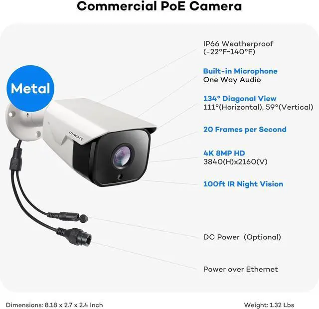 Alt view image 4 of 6 - ONWOTE 4K 8MP UltraHD PoE IP Security Camera, AI Human Vehicle Detection, 3840x2160 8 Megapixels, 134° FoV, Video Audio, Indoor Outdoor, Commercial Wired Camera for Business, Add-on to PoE NVR System