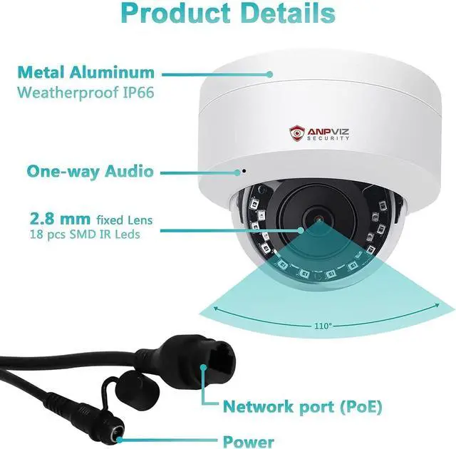 Alt view image 3 of 7 - Anpviz 4MP PoE IP Dome Camera with Microphone/Audio, IP Security Camera Outdoor Indoor, 98ft Night Vision, IP66 Waterproof, 2.8mm Wide Angle Lens, 24/7 Recording, Not PTZ, NDAA Complaint (U Series)