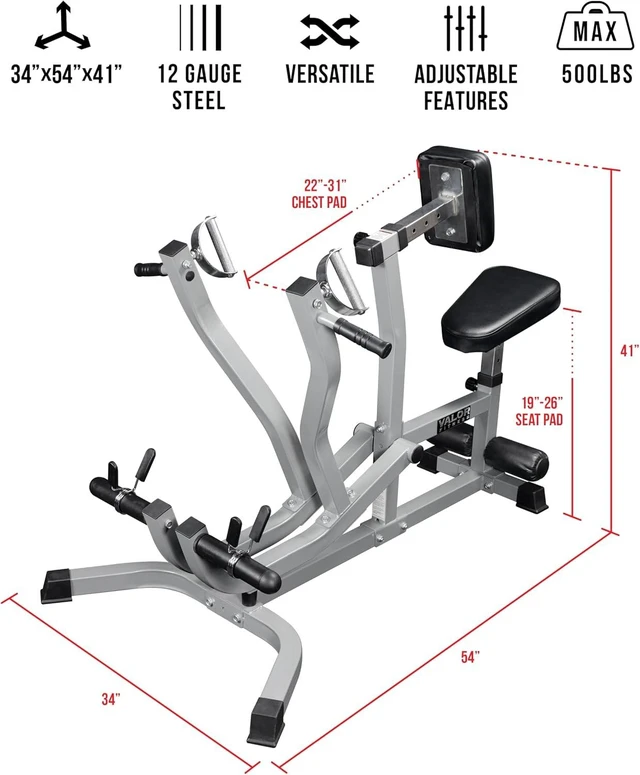 Alt view image 2 of 7 - Valor Fitness Seated Row Machine Plate Loaded with Converging Arms & Multi-Grip Handles, 400 lb Capacity, 2" Plate Adapters for Back & Chest Strength Training Home Gym Equipment