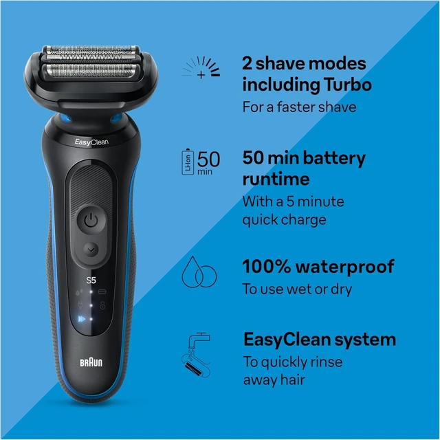 Alt view image 2 of 7 - Braun Electric Shaver for Men, Series 5 5150cs, Wet & Dry Razor, Turbo Shaving Mode, Foil Shaver, with Beard Trimmer, Body Groomer and Charging Stand, Blue