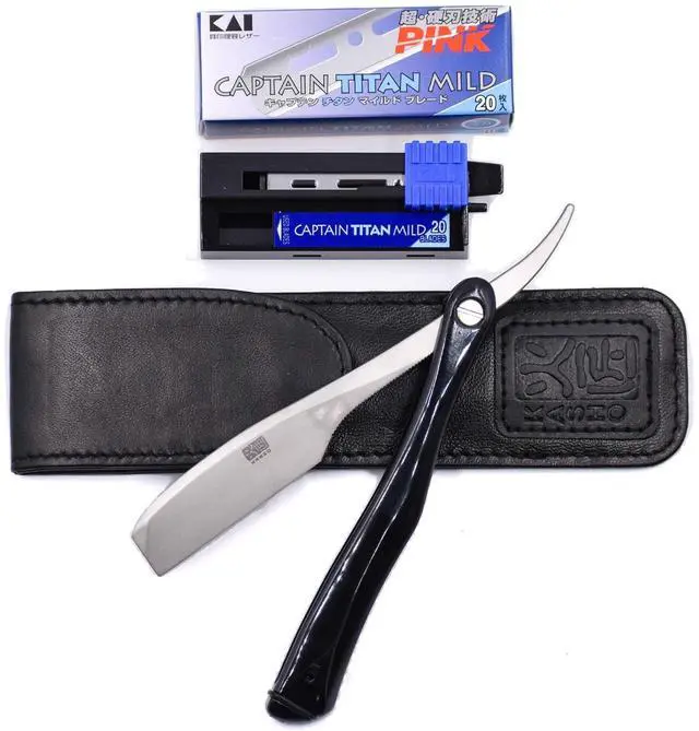 Main image of Kai Kasho Captain Japanese Professional Folding Straight Edge Barbering Razor with Leather Case - 20 Kai Captain Titan Blades Included - Also Compatible with Feather Artist Club Blades