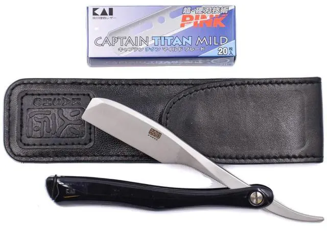 Alt view image 2 of 4 - Kai Kasho Captain Japanese Professional Folding Straight Edge Barbering Razor with Leather Case - 20 Kai Captain Titan Blades Included - Also Compatible with Feather Artist Club Blades