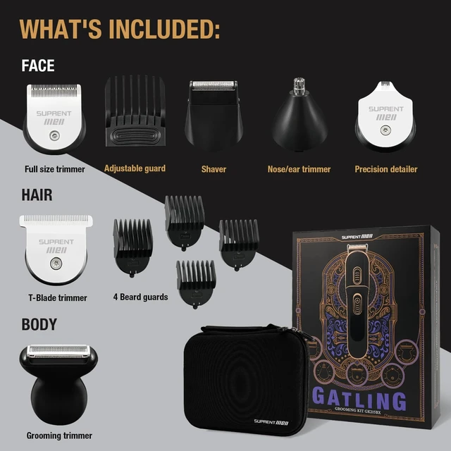 Alt view image 2 of 6 - SUPRENT Beard Trimmer for Men - 16 Pieces Mens Grooming Kit with Electric Beard Trimmer, Adjustable Hair Trimmer, Hair Clippers, Razors for Beard, Hair, Body, Groin, Nose & Ear, Waterproof IPX7