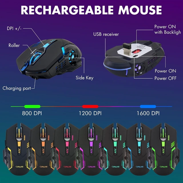 Alt view image 5 of 6 - Gaming Wireless Keyboard and Mouse RGB Backlit Rechargeable Battery Gamer