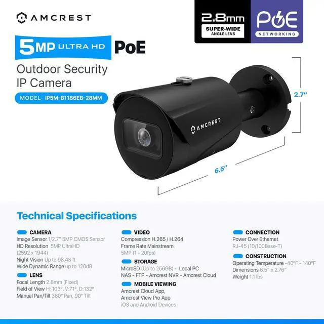 Alt view image 7 of 7 - Amcrest UltraHD 5MP Outdoor POE Camera 2592 x 1944p Bullet IP Security Camera, Outdoor IP67 Waterproof, 103° Viewing Angle, 2.8mm Lens, 98.4ft Night Vision, 5-Megapixel, IP5M-B1186EB-28MM (Black)