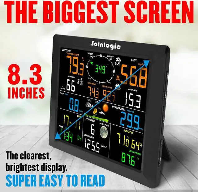 Alt view image 2 of 7 - WiFi Weather Station, 8.3 inch Large Display Wireless Weather Station, Weather Station Wireless Indoor Outdoor with Rain Gauge and Wind Speed, Weather Forecast, Wind Gauge, Wunderground