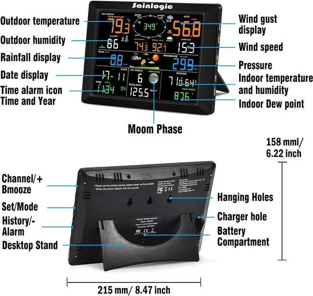 Alt view image 7 of 7 - WiFi Weather Station, 8.3 inch Large Display Wireless Weather Station, Weather Station Wireless Indoor Outdoor with Rain Gauge and Wind Speed, Weather Forecast, Wind Gauge, Wunderground