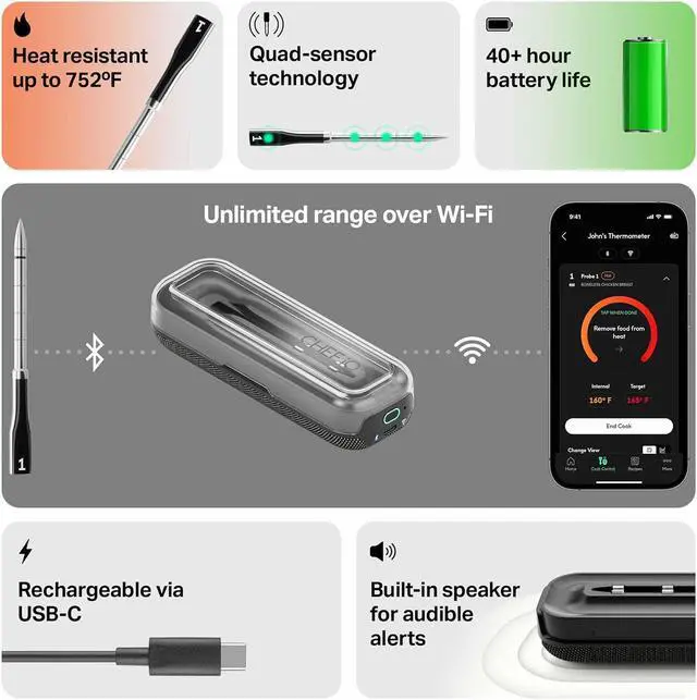 Alt view image 4 of 7 - Sense Smart Wireless Meat Thermometer with 2 Ultra-Thin Probes, Unlimited Range Bluetooth Meat Thermometer, Digital Food Thermometer for Remote Monitoring of BBQ Grill, Oven