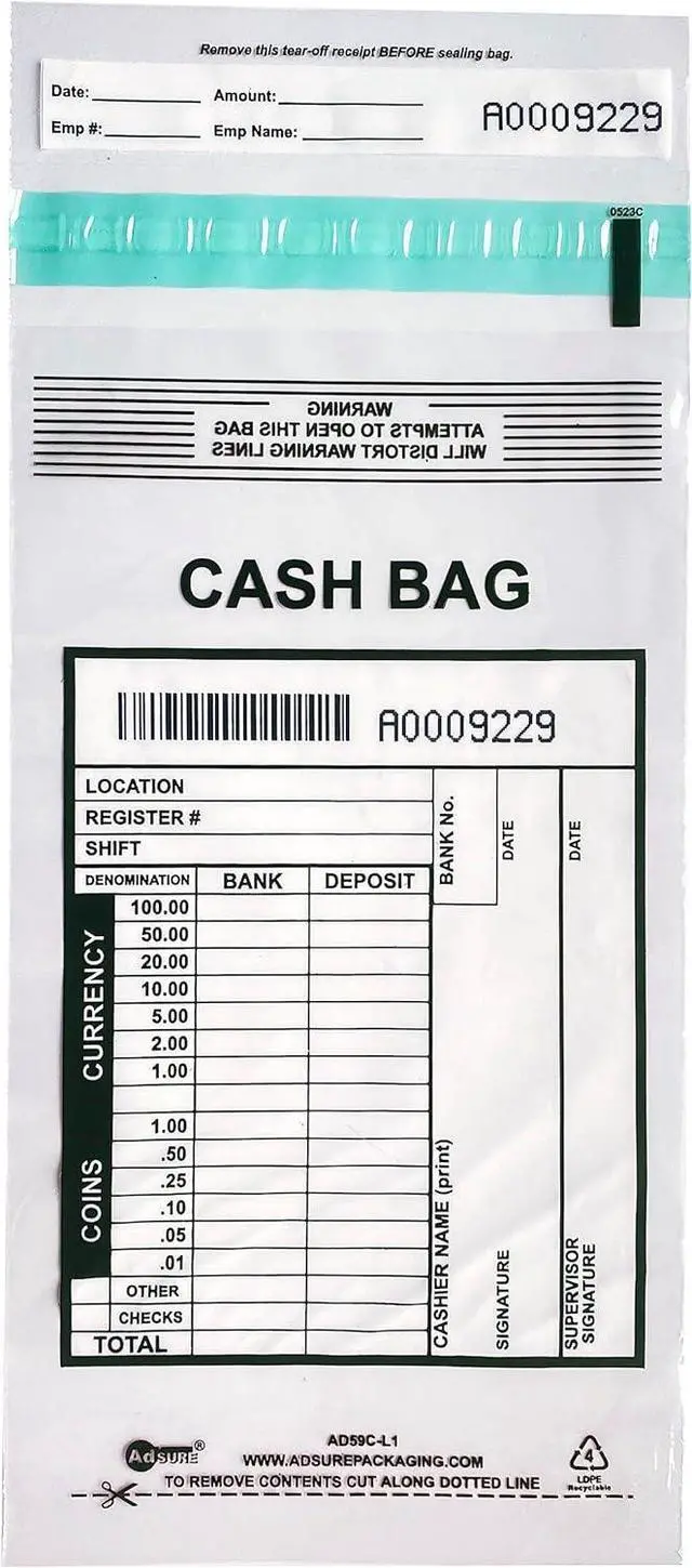 Main image of Clear Plastic Small Bank Deposit Bags For Cash | Pack of 1000 | 5"x9"|Tamper Evident Bags | Write-On Panel and Tear-Off Receipt | Ideal for Cash Handling