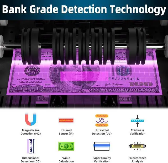Alt view image 3 of 7 - Money Counter Machine PONNOR with Value Bill Count, Cash Counting Machine for Dollar, Euro with UV/MG/IR/DD/DBL/HLF/CHN Counterfeit Detection, Bill Counter with Large LCD Display