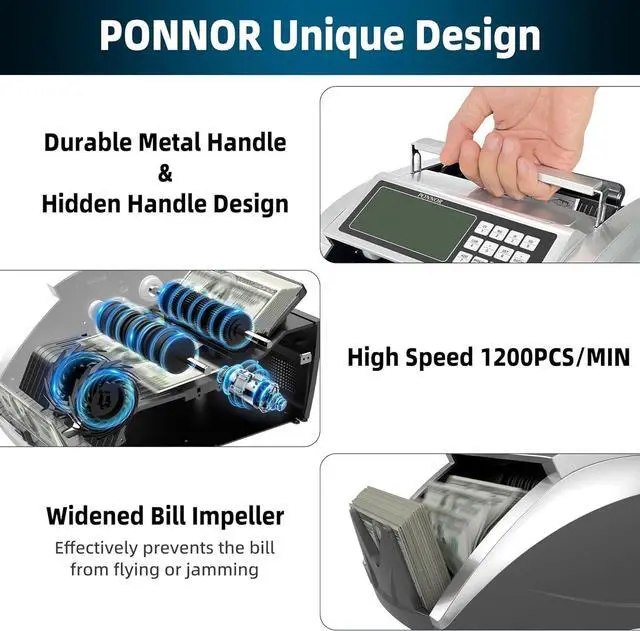 Alt view image 4 of 7 - Money Counter Machine PONNOR with Value Bill Count, Cash Counting Machine for Dollar, Euro with UV/MG/IR/DD/DBL/HLF/CHN Counterfeit Detection, Bill Counter with Large LCD Display