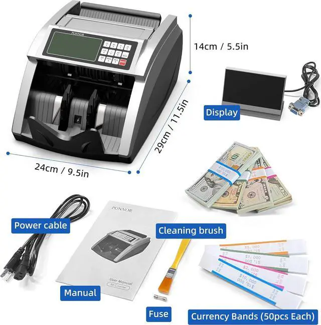 Alt view image 7 of 7 - Money Counter Machine PONNOR with Value Bill Count, Cash Counting Machine for Dollar, Euro with UV/MG/IR/DD/DBL/HLF/CHN Counterfeit Detection, Bill Counter with Large LCD Display
