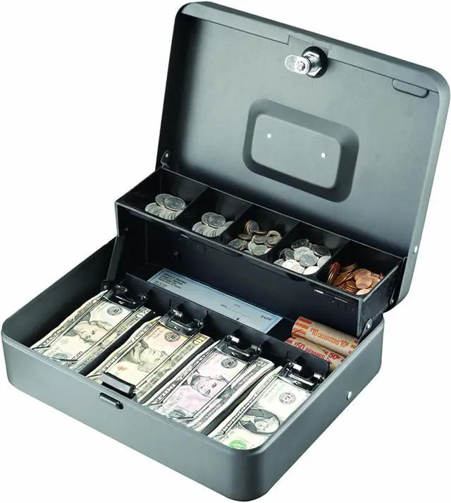 Main image of Industries STEELMASTER Tiered Tray Cash Box | 11.81 W x 3.18 H x 9.43 D | 10 Compartments | Tiered Tray Design | Recessed Handle | Secure Cam Lock | Steel Construction