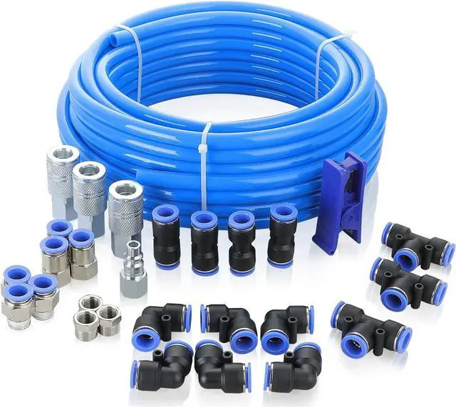 Main image of Shop Air Line Kit, 1/2 Inch OD×60 Feet PU Air Tube with Push to Connect Fittings, Industrial Type Quick Connect Coupler and Plug, 28PCS Garage Air Compressor Accessories Kit