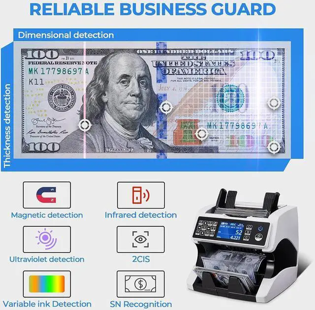 Alt view image 4 of 7 - IMC01 Bank Grade Money Counter Machine Mixed Denomination, 2CIS/UV/IR/MG/MT Counterfeit Detection, Serial Number, MUL Currency Cash Counter, Printer Compatible Bill Value Counter (White)