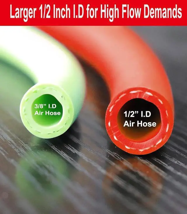 Alt view image 2 of 7 - Air Hose 1/2 in. x 50 ft, 300 PSI Hybrid Air Compressor Hose, Heavy Duty, Lightweight, Kink Resistant, All-Weather Flexibility with Bend Restrictors, 3/8" and 1/4" Air Fittings Kit, Red