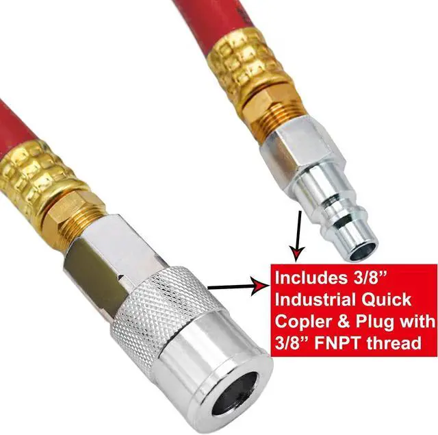 Alt view image 3 of 7 - Air Hose 1/2 in. x 50 ft, 300 PSI Hybrid Air Compressor Hose, Heavy Duty, Lightweight, Kink Resistant, All-Weather Flexibility with Bend Restrictors, 3/8" and 1/4" Air Fittings Kit, Red