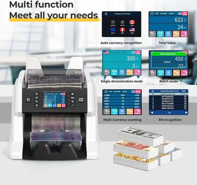 Alt view image 2 of 7 - BC-55 Premium Bank Grade Money Counter Machine Multi Currency Mixed Denomination Bill Cash Value Counter 2 CIS/UV/MG/MT/IR Serial Number Recording FCC Approved