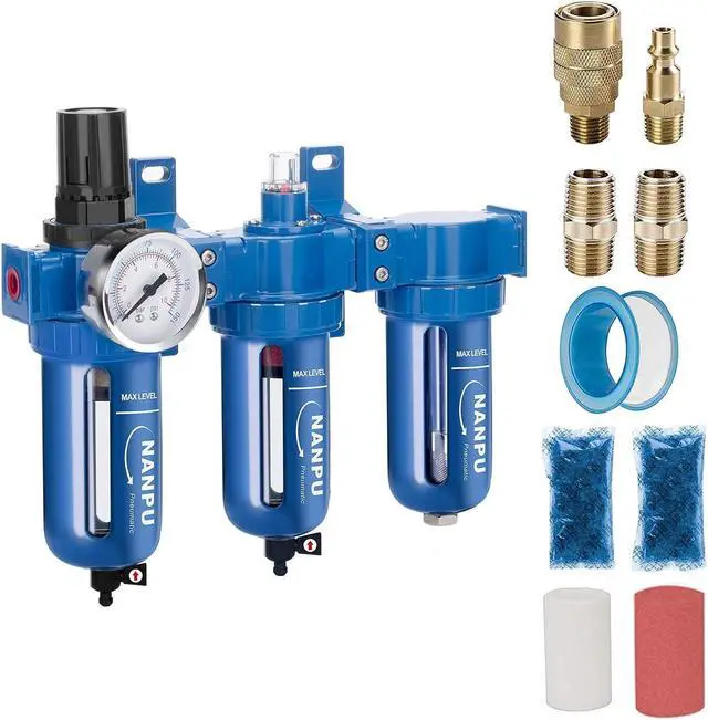 Main image of Zinc Alloy 3 Stage Air System - Particulate Filter, Coalescing Filter, Desiccant Dryer & Air Regulator, Poly Bowl, Manual Drain, Mid Flow, Suitable for Paint Spray & Plasma Cutter (3/8" NPT)