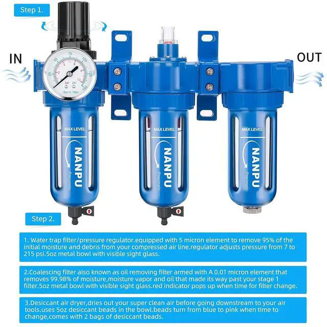 Alt view image 5 of 6 - Zinc Alloy 3 Stage Air System - Particulate Filter, Coalescing Filter, Desiccant Dryer & Air Regulator, Poly Bowl, Manual Drain, Mid Flow, Suitable for Paint Spray & Plasma Cutter (3/8" NPT)